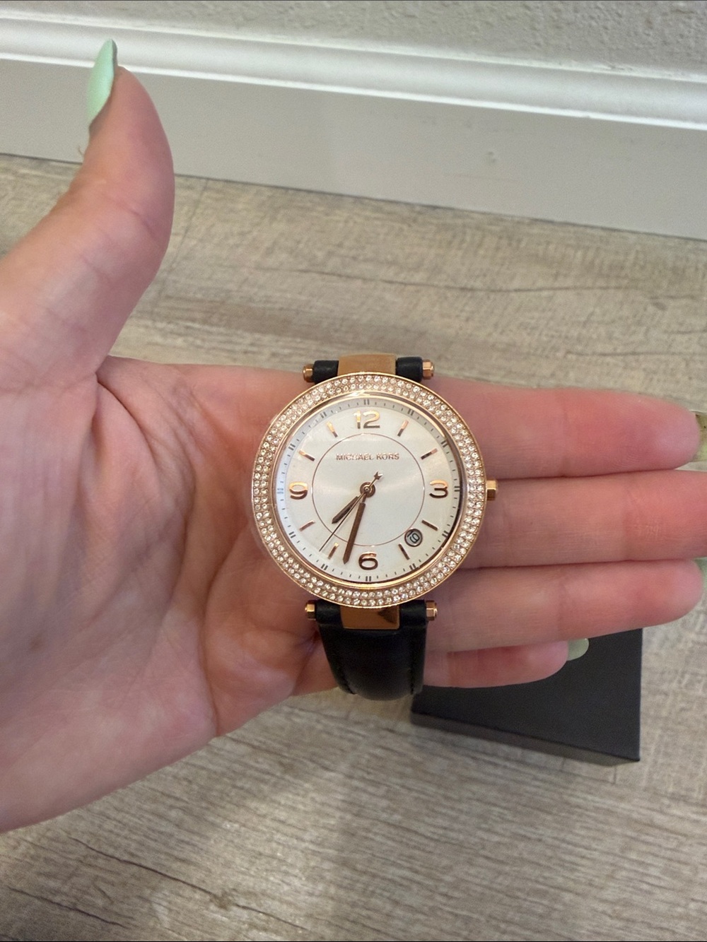 Michael Kors Rose Gold and Black Leather Crystal Watch